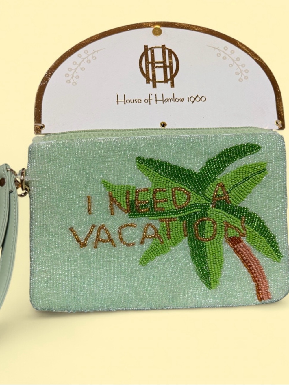 House of Harlow Made in India. Mint Beaded Wristlet with Palm Bead. 9”x6”